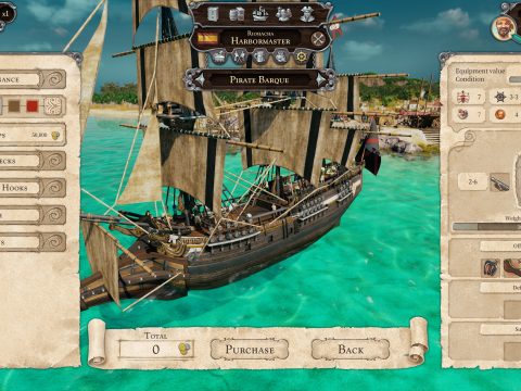 (In the dock you can buy improvements like a ram spur. Your cannons fire different types of ammunition; chain bullets, for example, shred the sails and increase the chance of boarding manoeuvres.)